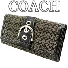 コーチ COACH 長財布 キャンバス ベルトデザイン ミニシグネチャー フラップ 二つ折り ブラック グレー レザー切替 レディース ロングウォレット カード収納 多数