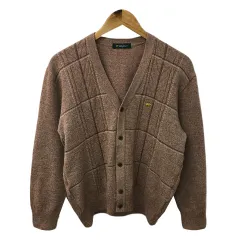 ゴールデンベア GOLDEN BEAR カーディガン ニット Vネック 刺繍 ロゴ チェック メランジ 長袖 M 茶 ブラウン