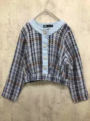 ZARA ザラ 8778/165/330 ツイード コントラストテクスチャーデニムトップス ノーカラー ジャケット sizeS/ブルー系 ■■ レディース