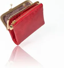 &LAZA アンドラザ がま口財布 ハンドメイド 本革 レディース 二つ折り財布 大容量 柔らかい 小銭入れ 牛本革 軽量 コンパクト カジュアル ギフト (レッド)