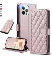 ★ iPhone 12/12 Pro キルティングレザー調 手帳型ケース エレガント 高質PU マグネット開閉式 カード収納機能 スタンド機能 液晶全面保護 レンズ保護 ストラップ付属(ゴールドピンク)