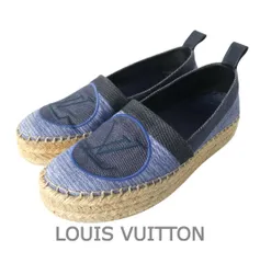 美品 LOUIS VUITTON ルイヴィトン エスパドリーユ フラットシューズ スリッポン LVロゴ ラウンドトゥ キャンバス ブルー×ネイビー サイズ34.5 約22㎝ レディース 古着 中古