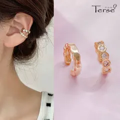 Terse　ハニカムが可愛いイヤーカフ2個セット １つはシンプルなデザインで、もう１つはCZダイヤが付いていて一緒に着けると可愛い 大人の女性にもおすすめのミニマルなデザイン イヤーカフやピアスとの重ね着けにも活躍するアイテムで旬なレイヤードを楽しんで