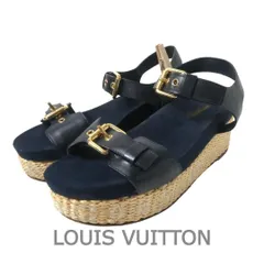 美品 LOUIS VUITTON ルイヴィトン サイズ35.5 約22.5㎝ モノグラム オープントゥ ウェッジソール サンダル レザー ベルト アンクルストラップ ネイビー×ブラック レディース