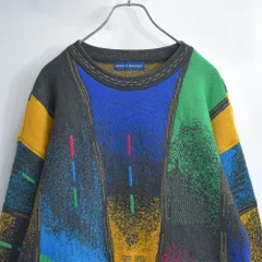 80s〜90s 日本製 DEMAIN MAGIQUE ドゥマンマジック 幾何学ジャガード マルチカラー 立体刺繍 デザイン プルオーバーニット セーター ジャパンヴィンテージ ビンテージ 古着 メンズXL相当