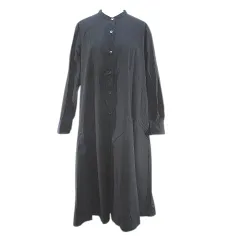 ミディウミ MidiUmi 長袖 ミモレ丈 ノーカラーシャツワンピース ワンピース 紺系 ネイビー 日本製 ポケット 無地