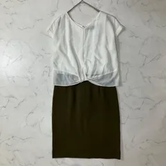 美品 UNTITLED アンタイトル 日本製 切替 異素材 裏地付き ダーツ ベンツ ジップ Vネック フレンチスリーブ タイト ひざ丈 ワンピース ホワイト カーキ 2