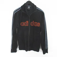アディダス adidas トラックジャケット ベロア ベルベット L 黒系 ブラック ロゴ 文字 刺繍 ジップアップ ライン