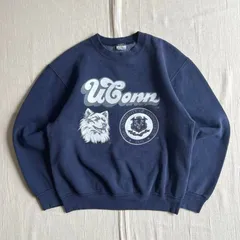90s　vintage　ヴィンテージ古着　MADE IN USA　アメリカ製　UCONN HUSKIES　犬　カレッジロゴ　ビッグプリント　短丈スウェット　トレーナー　紺　S　Y2K　C-BOY　college logo print sweat shirt