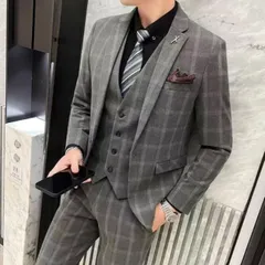 チェック柄 ビジネススーツ 上下セット 3ピース メンズスーツセット スリーピース スーツ 1ボタン ジャケット+ベスト+パンツ フォーマルス