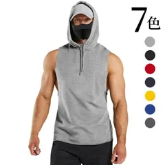 タンクトップ メンズ ノースリーブ インナートップス コットン フード付き 春夏 アウター パーカー 無地 カジュアル スポーツウェア トレー