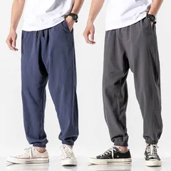 M-5XL 4color メンズ 綿麻 パンツ テーパードパンツ 9分丈 夏 薄手 無地 ウエストゴム 紐付き ズボン カジュアルパンツ リネンパンツ 麻パ