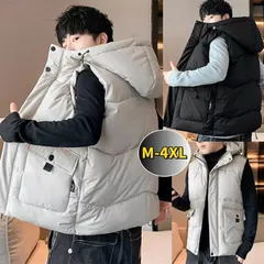中綿ベスト メンズ 秋冬アウター ダウン風ベスト ジップアップ 厚手 立襟 防寒 大人 カジュアル フード付 暖かい 軽量 あったか 無地 男性 