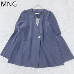 マンゴ　ノーカラージャケット　シングルボタン　ペプラム　フレア　フレアスリーブ　ポケット　ブランドロゴ　カジュアル　シンプル　ネイビー系　サイズEUR L  XLサイズ相当