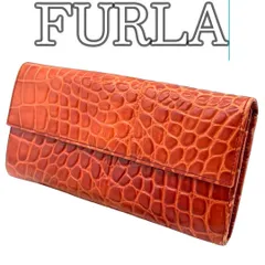 フルラ FURLA クロコ型押し 長財布 朱色 レッド オレンジ系 フラップ式 レザー ロングウォレット クロコエンボス 上品 高級感 大人 レディース ウォレット カード収納 小銭入れ付き スリム シンプル エレガント