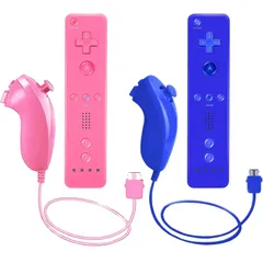 Wii本体用リモコン＆ヌンチャクコントローラー Wiiヌンチャクリモコン2個パック シリコンケース＆リストストラップ付き - (ダークブルー＋ピンク)