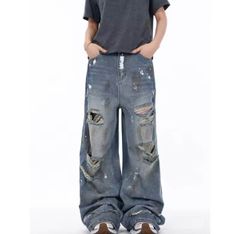 Mijko ダメージデニムパンツ レザーパッチポケット AcneStudios風