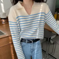 カラーネック ストライプ 長袖Tシャツ