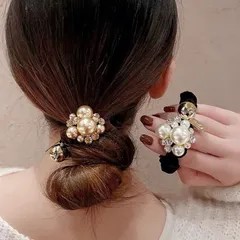 パール装飾のブラウン  ブラック ヘアゴム かわいい HT008