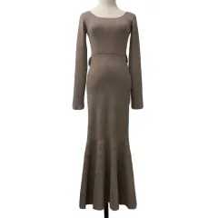 ロイヤルパーティー ROYAL PARTY ワンピース ニット マーメイド ロング リボン リブ 無地 長袖 FS ピンク 茶 ブラウン