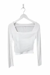 新品/透け感なし 白 シフォン シャーリング スクエアネック 長袖 Tシャツ