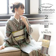 洗える着物 セット 「袷着物：縞更紗水色＋京袋帯：日向の白猫」 KIMONOMACHI オリジナル 着物と帯の2点セット サイズS/M/L/LL コーディネート済み着物セット 小紋 レディース キモノ ss2509kck10