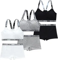 FARFADET スポーツブラ ボクサー パンツ ハーフトップ ジュニア ブラジャー カップ付き 上下セット インナー ガールズ 3色組 ノンワイヤー ボクサーパンツ 揺れない 通気性 速乾 (白グレーブラック)