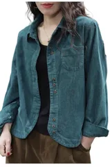 [ReiLuana] シャツ レディース 長袖 コーデュロイ 羽織り ゆったり 体型カバー カジュアル 無地 秋 冬 (JP, アルファベット, L, ブルーグリーン) [ブルーグリーン] [L]