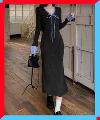 新品 レディース 配色リボン ニット マーメイド ワンピース 長袖 秋冬 インナー 細見え スリムリボンタイ 春【送料無料】