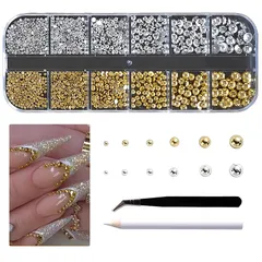 YFFSFDC 半円パール 光沢パール ネイルパーツ 金＋銀 6サイズ 1.5mm 2mm 2.5mm 3mm 4mm 5mm DIY 手作り 工芸品の装飾 手芸素材 12格子収納ケース付き (半円パール 金＋銀) 1