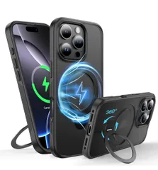 ★【米軍MIL規格・MagSafe対応】FNDMIL 360°回転 iPhone16 Pro ケース [滑り止めテクスチャ] [目に見えないスタンド] 縦横両対応 シリコンフレーム　ブラック