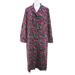 レトロ ヴィンテージ 長袖 ワンピース ひざ丈 マルチカラー 幾何学模様 総柄 プリーツ 裏地付き 薄手