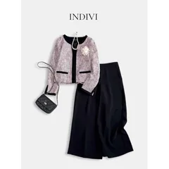 ◇INDIVI 2点セット◇ ジャケット＆パンツ ママスーツ ツイード ノーカラージャケット ワイドパンツ 38 卒園式 卒業式 入学式 入園式 セレモニー フォーマル