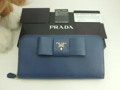 プラダ ロングウォレット リボン サフィアーノ青 ラウンドジップ長財布 未使用品@204