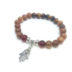 タイガーアイ・ハムサ・木製ビーズの開運ブレスレット☆| 金運アップのタイガーアイに天然木ビーズを組み合わせ、魔除け・御守りのハムサチャームを取り付けたスピリチュアルなブレスレットです☆