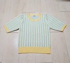 콩BY イェロー スカイブルー ハウンドトゥース 半袖パフニット