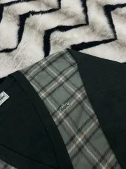 L ラコステ Vネック チェック カーディガン/ダークグリーン