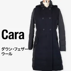 Cara カーラ ウール ダウンコート ロング丈 フード付き ダブルボタン M ネイビー×ブラック レディース