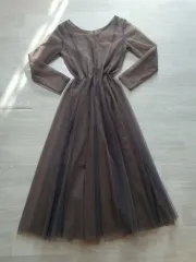 シースルー ロング丈ワンピース Vネック 長袖 レイヤード ブラウン メッシュ シフォン チュール オーガンザ