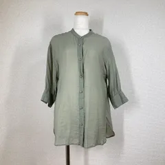 【le coeur blanc】シアーギャザースリーブシャツ　ルクールブラン　38　カーキ　シアー素材　ロングシャツ　チュニック 羽織　ノーカラー