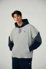 アディダス グレー/ネイビー ストライプ POINT フードTシャツ L