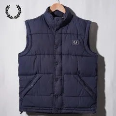 フレッドペリー FRED PERRY ダウンベスト M ネイビー ベージュ ロゴ刺繍 コトンベスト ストリート スポーツミックス 古着 Y066