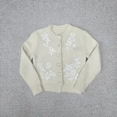 a0032 アイボリー色 花 刺繍 カーディガン