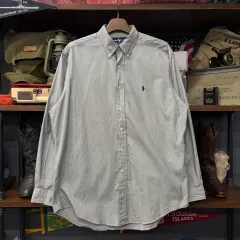 90s ポロラルフローレン ピンオックスフォードストライプシャツN336