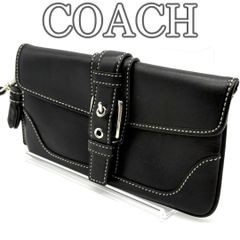 [미품] COACH 코치 긴 지갑 파우치 가죽 블랙 스트랩 포함 클러치 소품 상자 멀티 케이스 플랩 심플 유니섹스 남성 여성 벨트 디자인