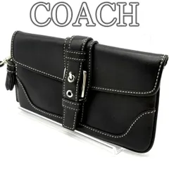 【美品】COACH コーチ 長財布 ポーチ レザー ブラック ストラップ付き クラッチ 小物入れ マルチケース フラップ シンプル ユニセックス メンズ レディース ベルトデザイン