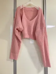 ピンク キャミソール クロップド ニット カーディガン セット