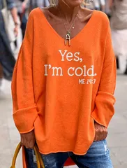 【オレンジ】スウェット レディース トップス Vネック 英字 ロゴ ゆったり 大人 カジュアル 長袖 秋冬 体系カバー オーバーサイズ