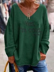 【ダークグリーン】スウェット レディース トップス Vネック 英字 ロゴ ゆったり 大人 カジュアル 長袖 秋冬 体系カバー オーバーサイズ