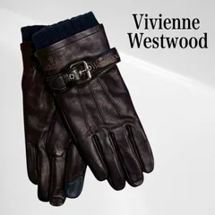 【タグ付き・未使用品】 ヴィヴィアン ウエストウッド メンズ レイヤード 手袋 グローブ レザー ニット ベルト ロゴ オーブ 刻印 スマホ タッチパネル 対応 紺 ネイビー Vivienne Westwood